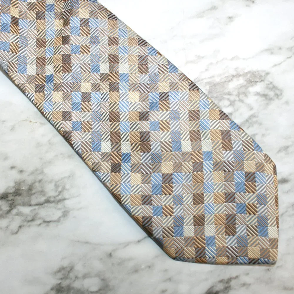 VALERIO GARATI Neck Tie Classic Patchwork Squares Neutral Tan Blue Silk Necktie